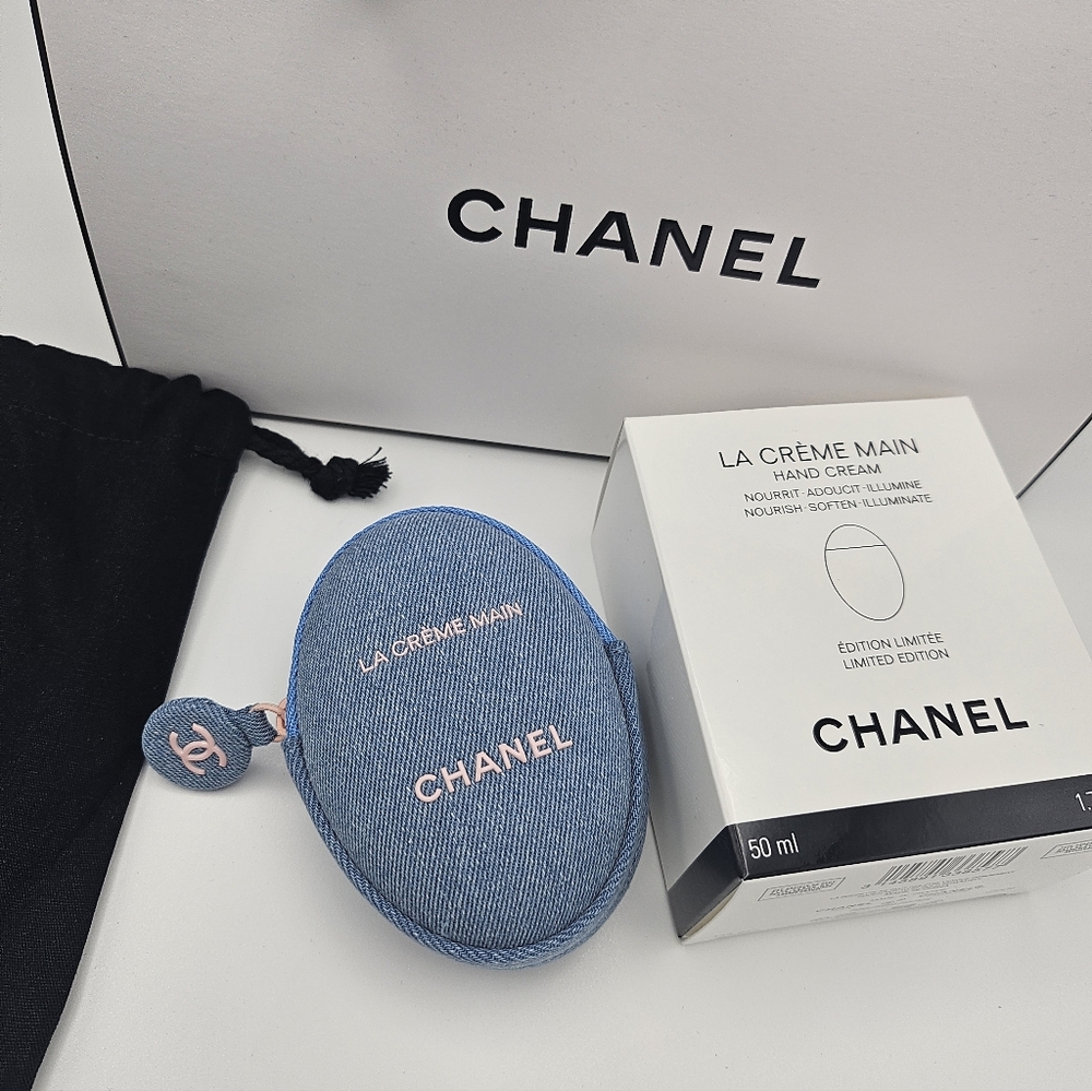Brand New CHANEL La Crème Main Hand Cream with Blue Denim Pouch